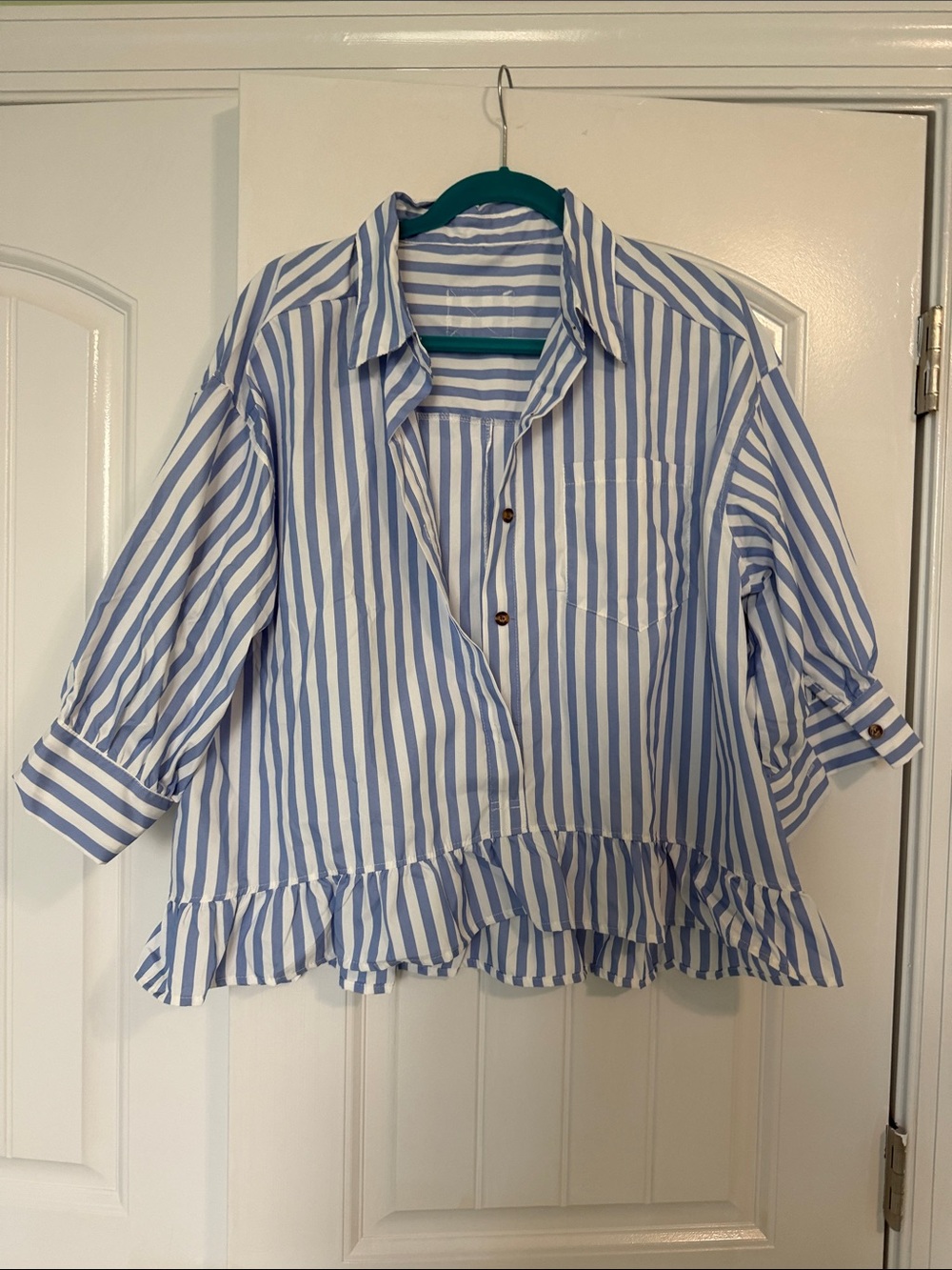 Blue and White Striped Ruffle Hem Button-Up Shirt